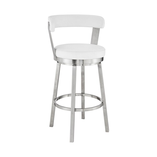 Armen Living Kobe 30" Bar Height Swivel Bar Stool in Brushed Stainless Steel Finish and White Faux Leather 721535761838 - main
